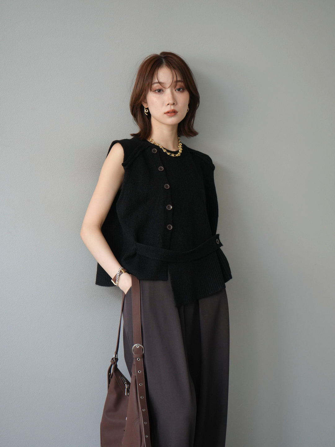 [予約]レイヤードボタンニットベスト/ブラック