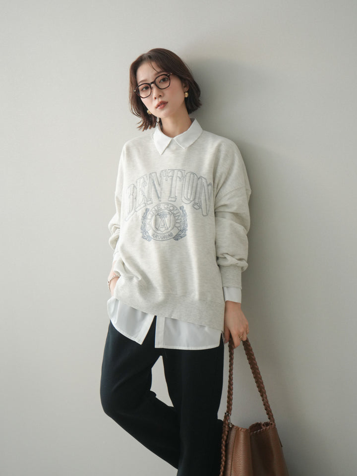 [SET]カレッジロゴ刺繍BIGスウェットプルオーバー+ボウタイ付オーバーシャツ(2set)