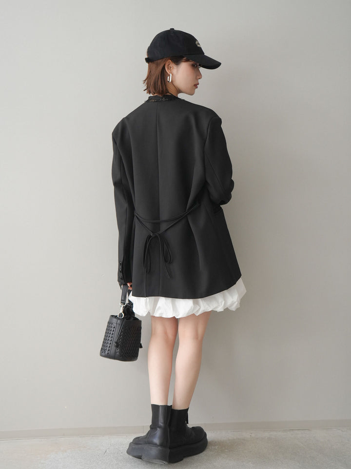 [SET]ノースリバルーンミニワンピース+ノーカラーレースジャケット(2set)