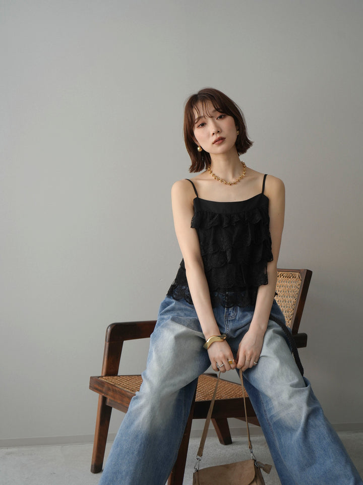 [SET]スカラップレースフリルキャミソール+フロントポケットサイドタックワイドデニム(2set)