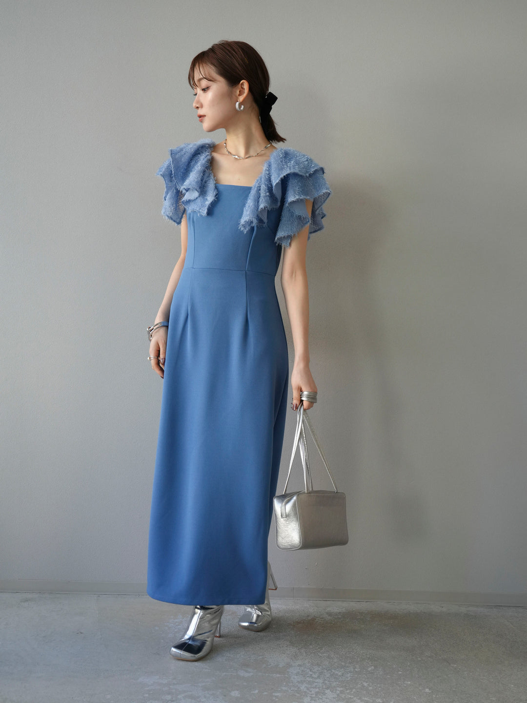 [予約]ジャガードフレアスリーブドレス/ブルー