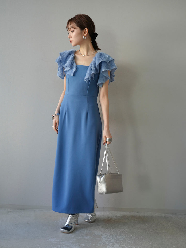 [予約]ジャガードフレアスリーブドレス/ブルー
