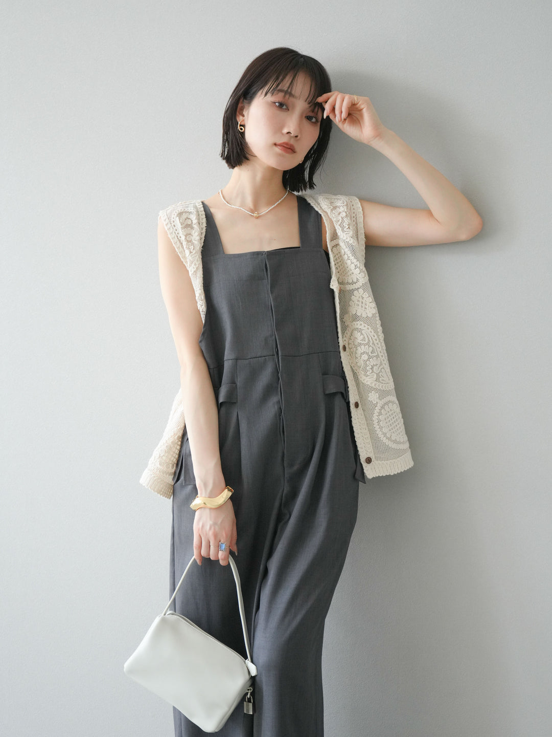 【預購】皮帶設計工裝褲/灰色