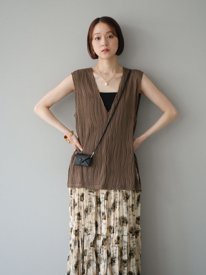 [SET]ウェーブパイピングVネックベスト+フラワーワッシャーロングスカート(2set)