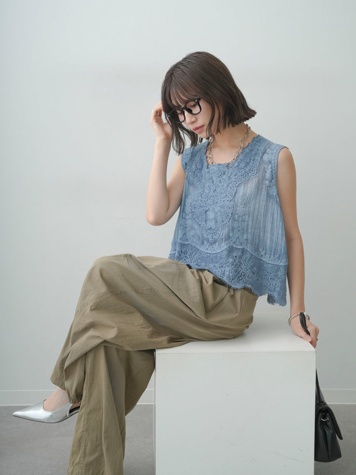 [SET]アンティークレースノースリトップス+タックバックヘムギャザーライトパンツ(2set)