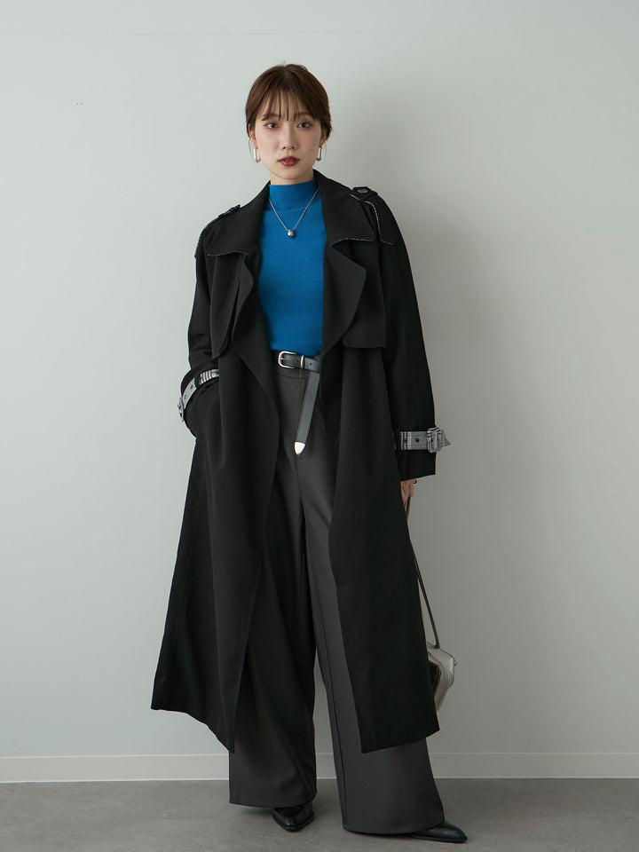 [SET]チェックコンビトレンチコート+リブモックネックニットトップス+ツイルタックワイドパンツ(3set)
