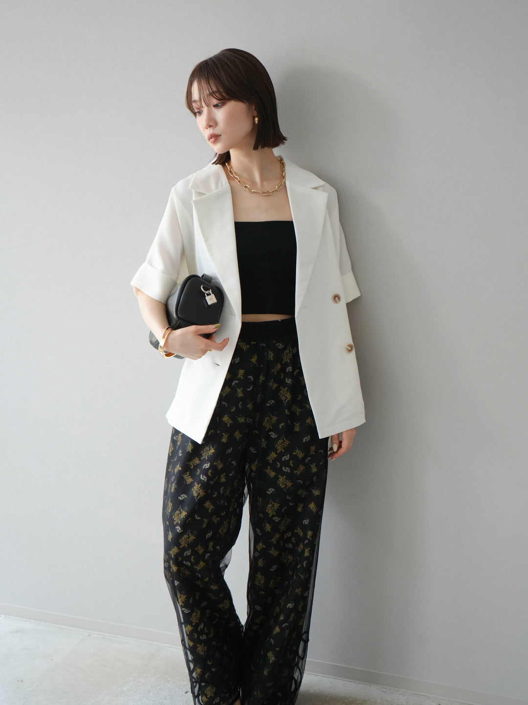 [SET]リネンライクハーフテーラードジャケット+コード刺繍チュールレイヤードパンツ(2set)