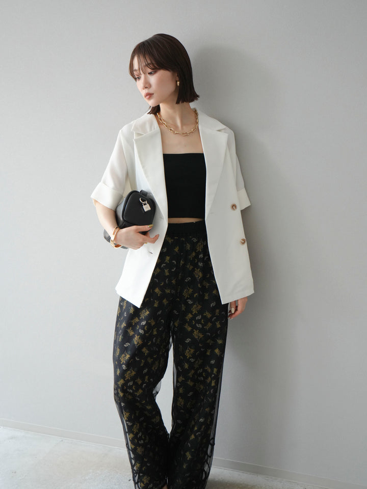 [SET]リネンライクハーフテーラードジャケット+コード刺繍チュールレイヤードパンツ(2set)