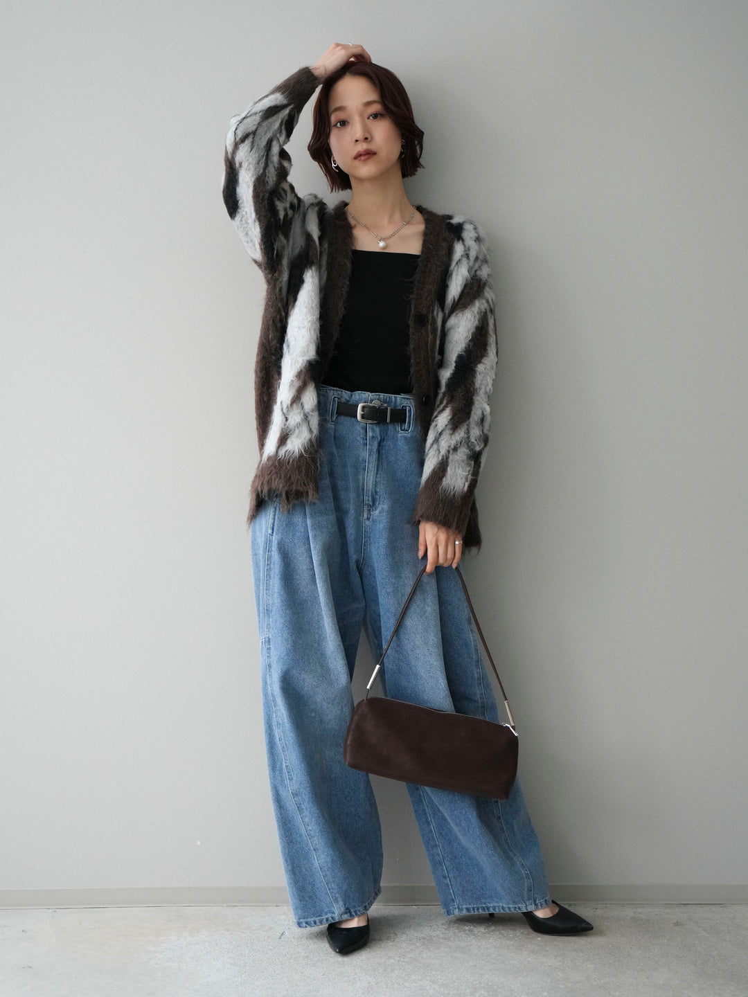 [予約]アーガイル柄シャギーニットカーディガン/brown