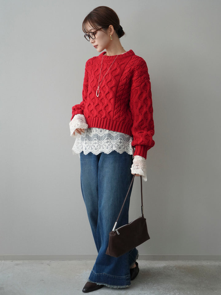 【着回しセット】[SET]バルキーケーブルクロップドニットプルオーバー+アンゴラタッチクルーネックニットプルオーバー+チュールレーストップス(3set)