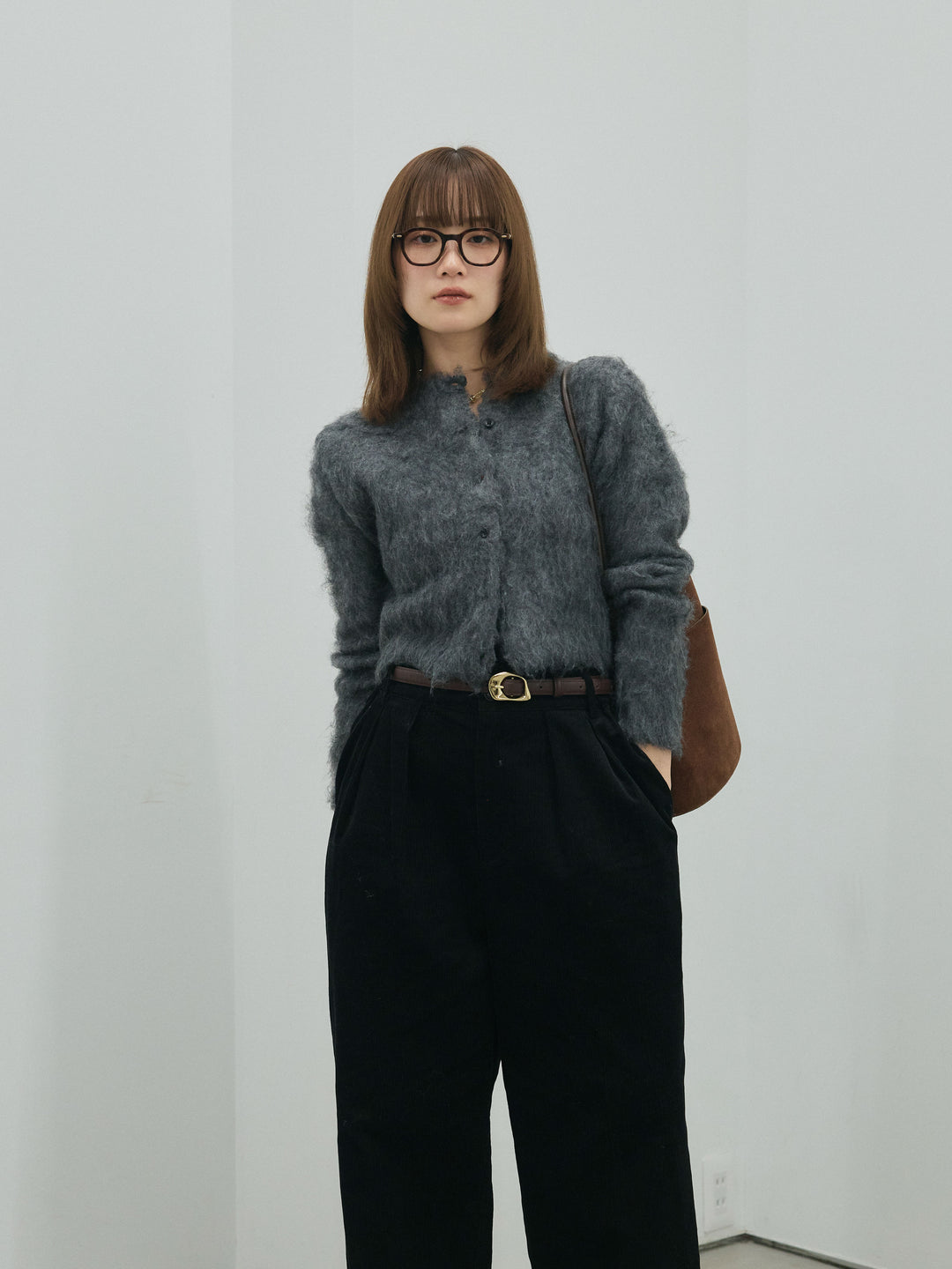 【Allure】[SET]モヘアタッチクロップドニットプルオーバー+コーデュロイタックワイドパンツ(2set)