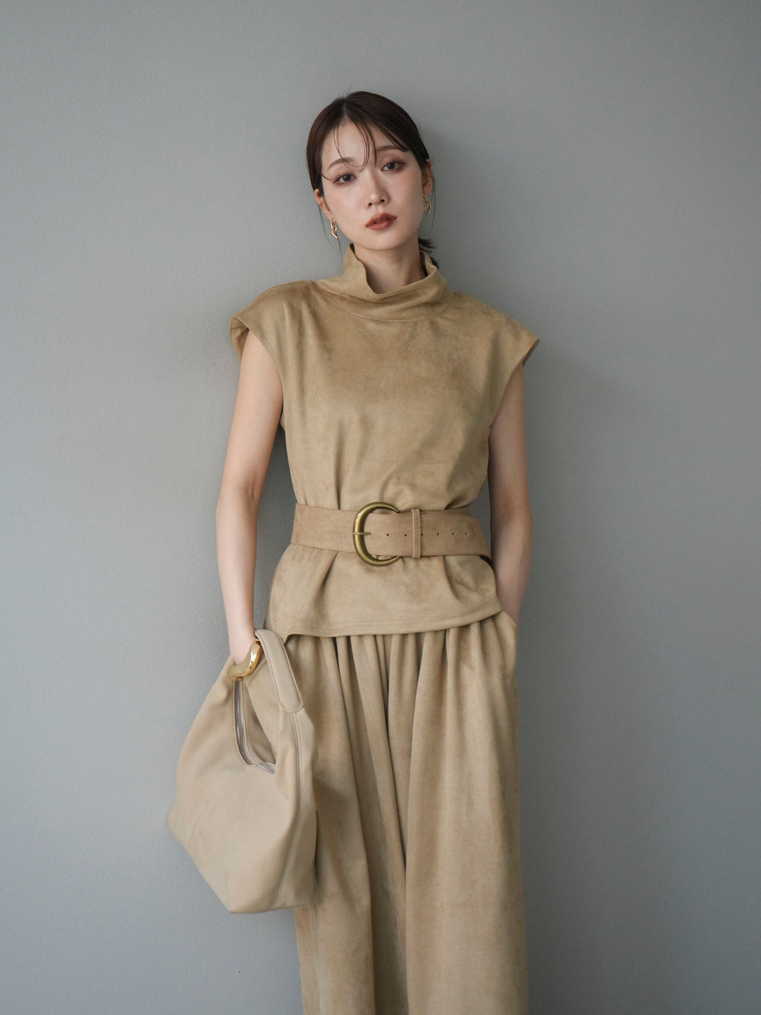 [SET]ベルト付スエードハイネックプルオーバー＆ワイドパンツSET UP