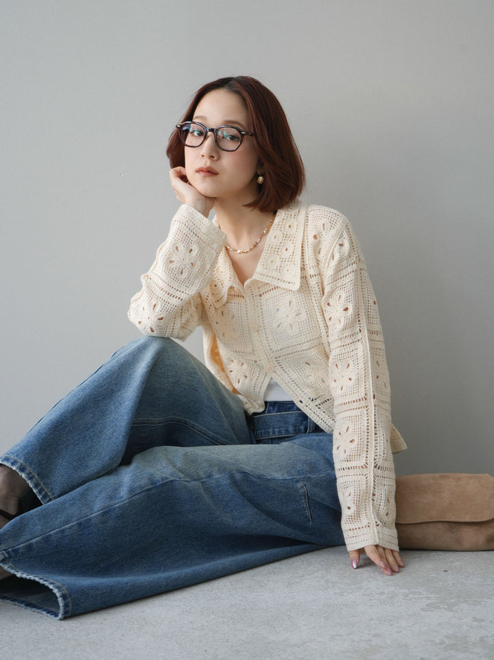 [SET]パッチワーククロシェニットカーディガン+アシメデザインワイドデニムパンツ(2set)