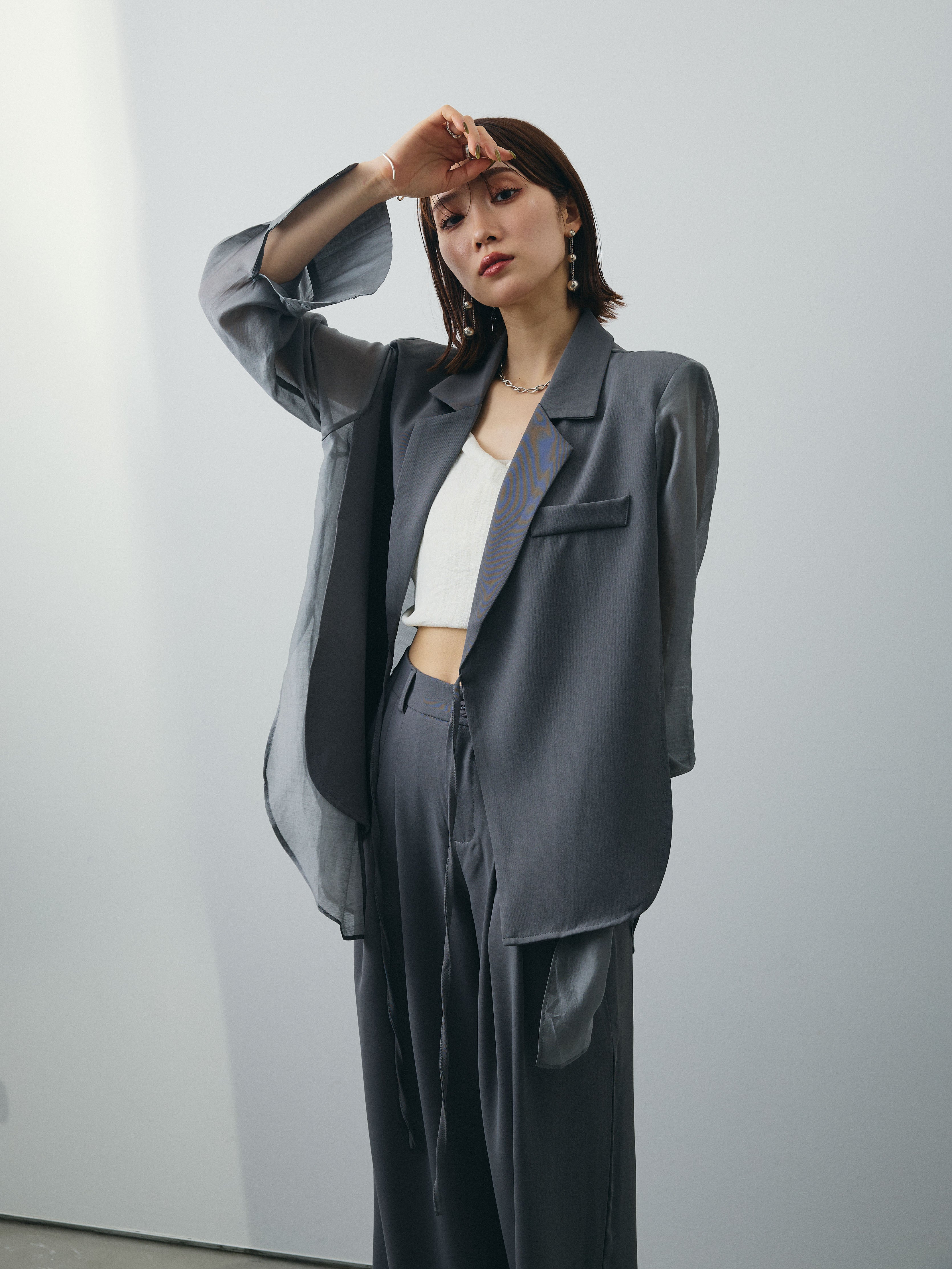 予約]シアー切替テーラードジャケット/グレー – Lumier
