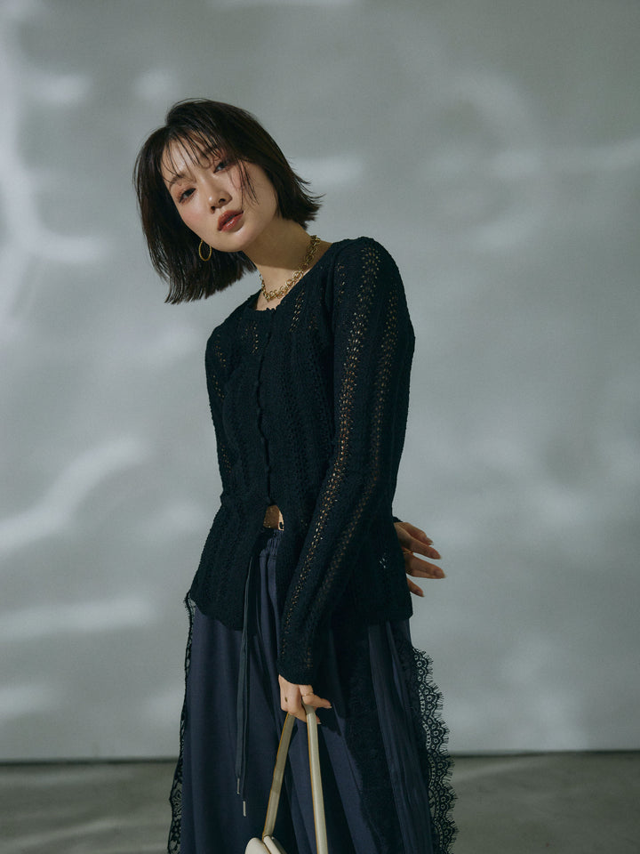 【Allure】[SET]透かし編みニットカーディガントップス+サイドピンタックレースイージーワイドパンツ(2set)