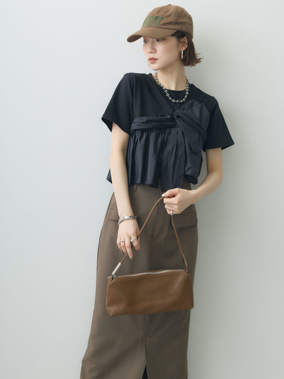 【着回しセット】[SET]ナイロンドッキングツイストTEE +ナイロンドッキングツイストTEE +クレープデシンフラップ付きストレートスカート(3set)