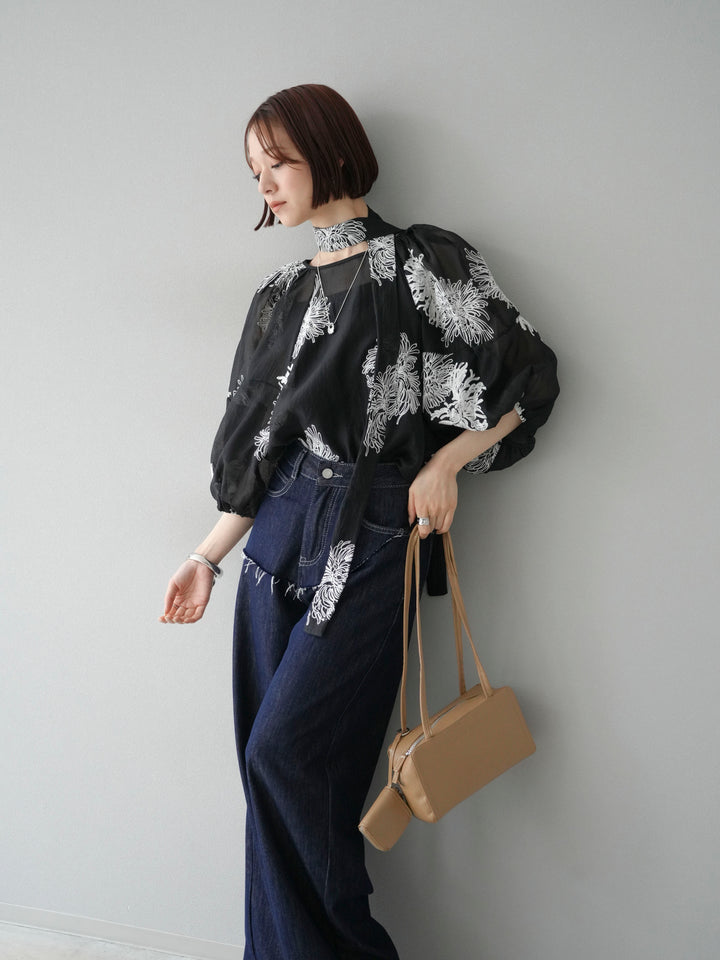 [予約]刺繍シアーバルーンスリーブブラウス/ブラック