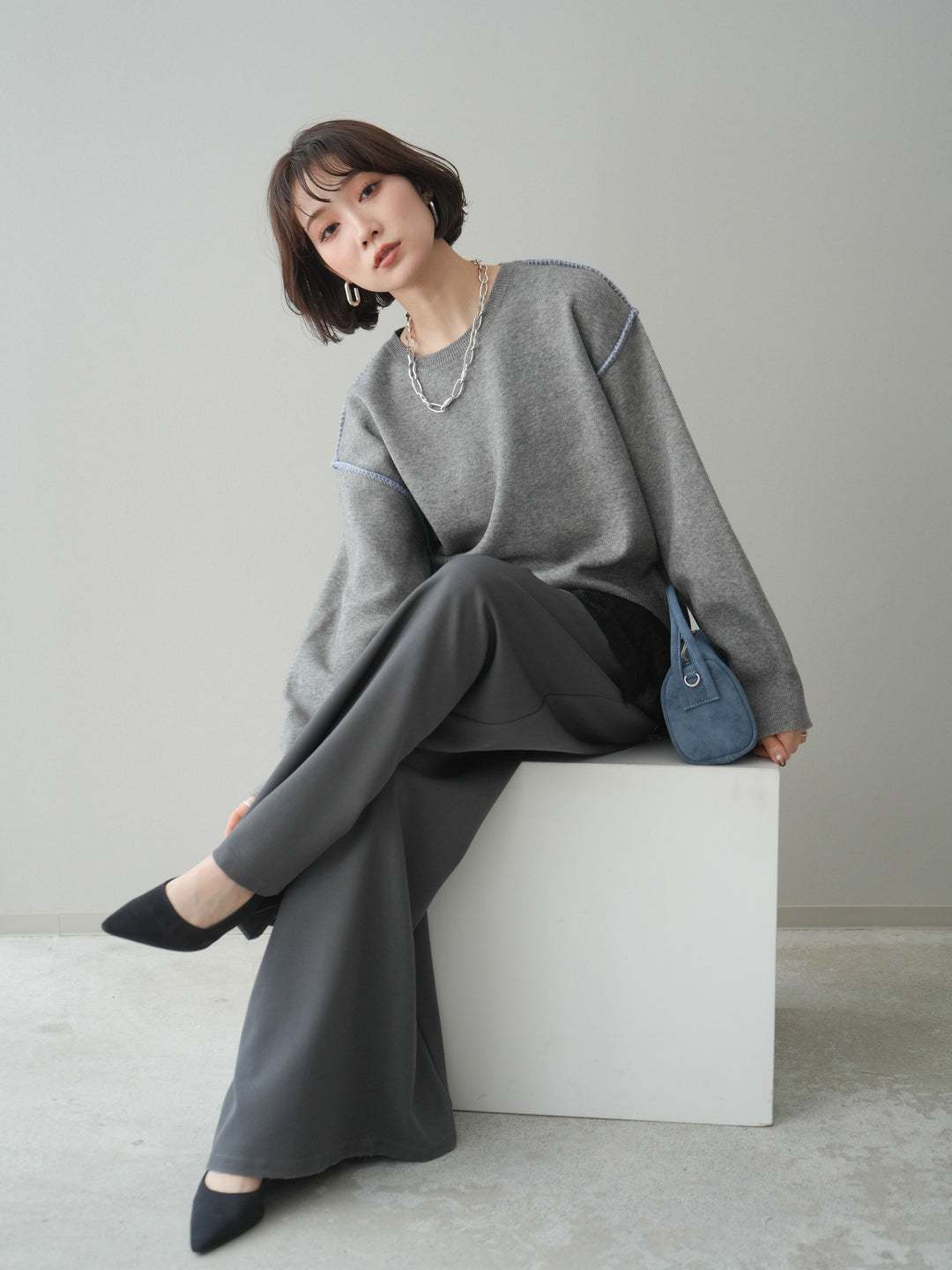 [予約]バックロゴ刺繍配色ステッチニットプルオーバー/gray