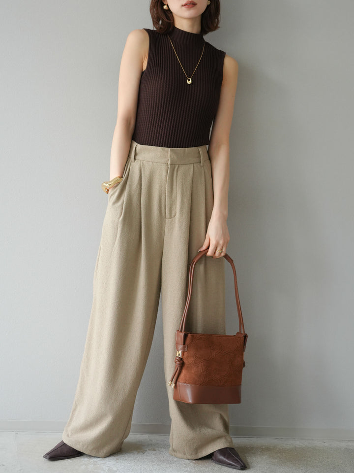 [予約]ボトルネックワッフル編みノースリーブニットトップス/ブラウン