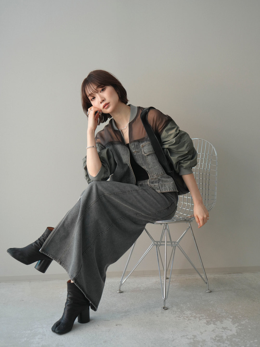 [SET]異素材デニムブルゾン+フロントジップデニムスカート(2set)