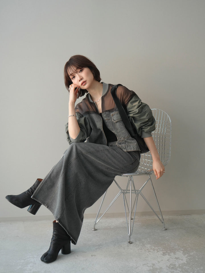 [SET]異素材デニムブルゾン+フロントジップデニムスカート(2set)