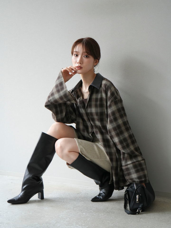 【着回しセット】[SET]レザー襟オンブレチェックオーバーシャツ +クラッシュベロアナロースカート+ツイードハーフパンツ(3set)