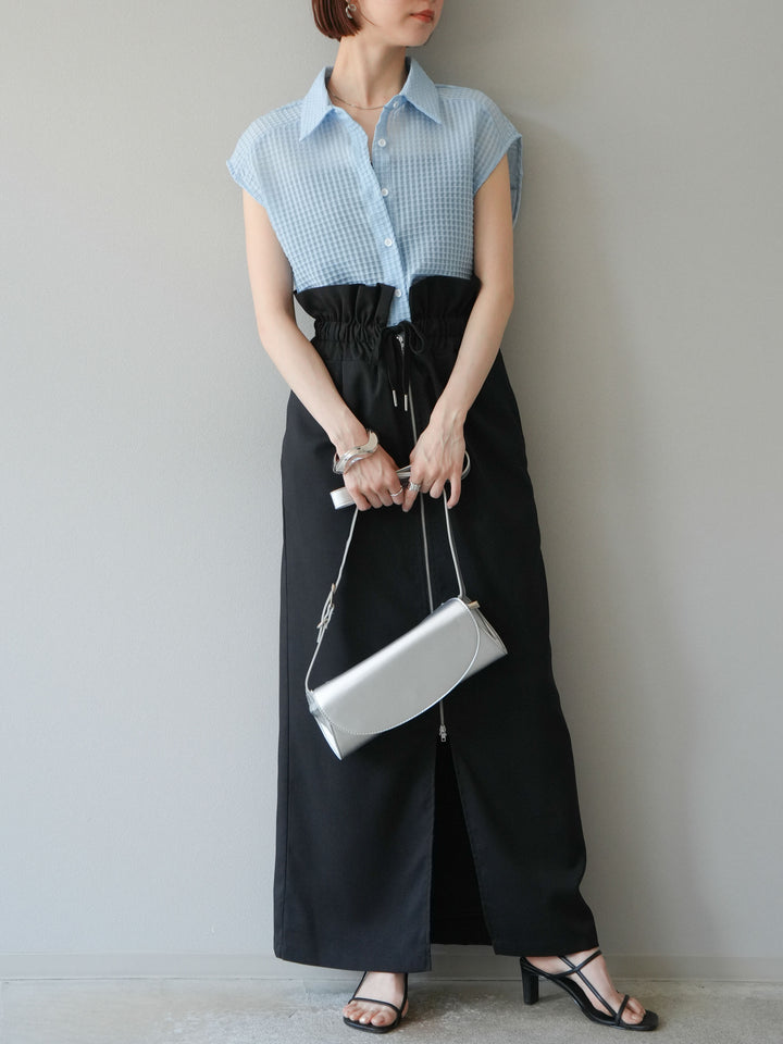 [SET]シアーチェックノースリーブシャツ+ヘザーエステルギャザージップスカート(2set)