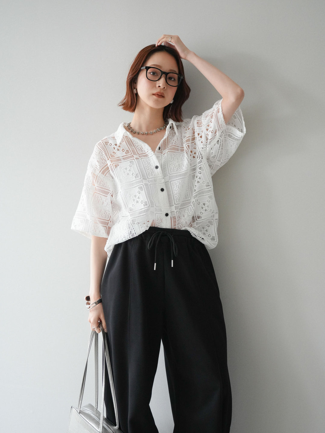 【套裝】方領蕾絲半袖襯衫+內置胸罩羅紋抹胸吊帶背心（兩件套）