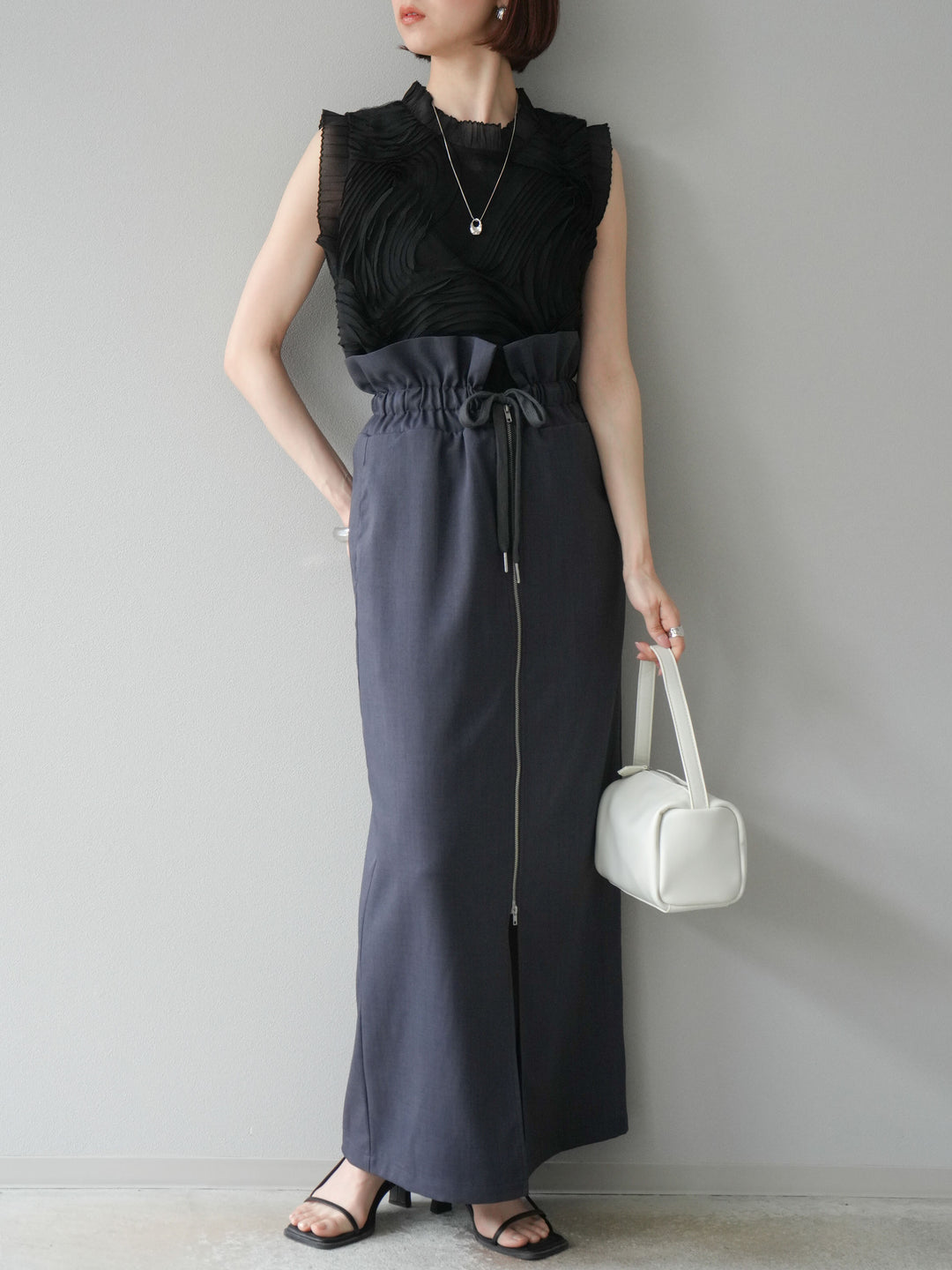 [SET]チュールジャガードノースリブラウス+ヘザーエステルギャザージップスカート(2set)