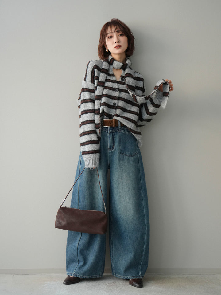 [SET]ボウタイ付きボーダーニットプルオーバー+ベルト付裏起毛カーブデニムパンツ(2set)