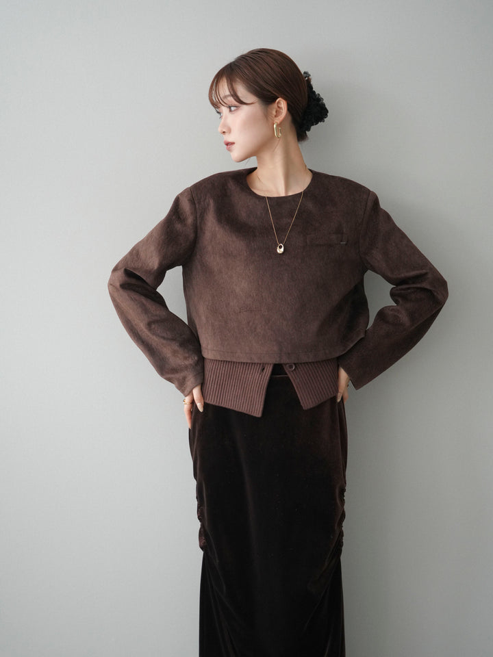 [予約]リブニットレイヤードスエードプルオーバー/brown