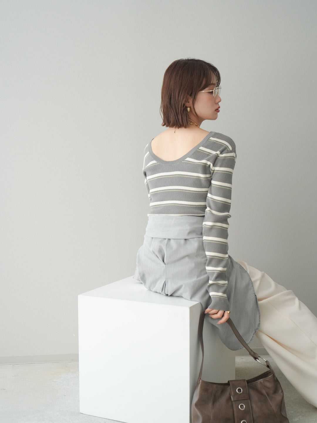 [予約]バックオープンテレコリブマルチボーダートップス/gray