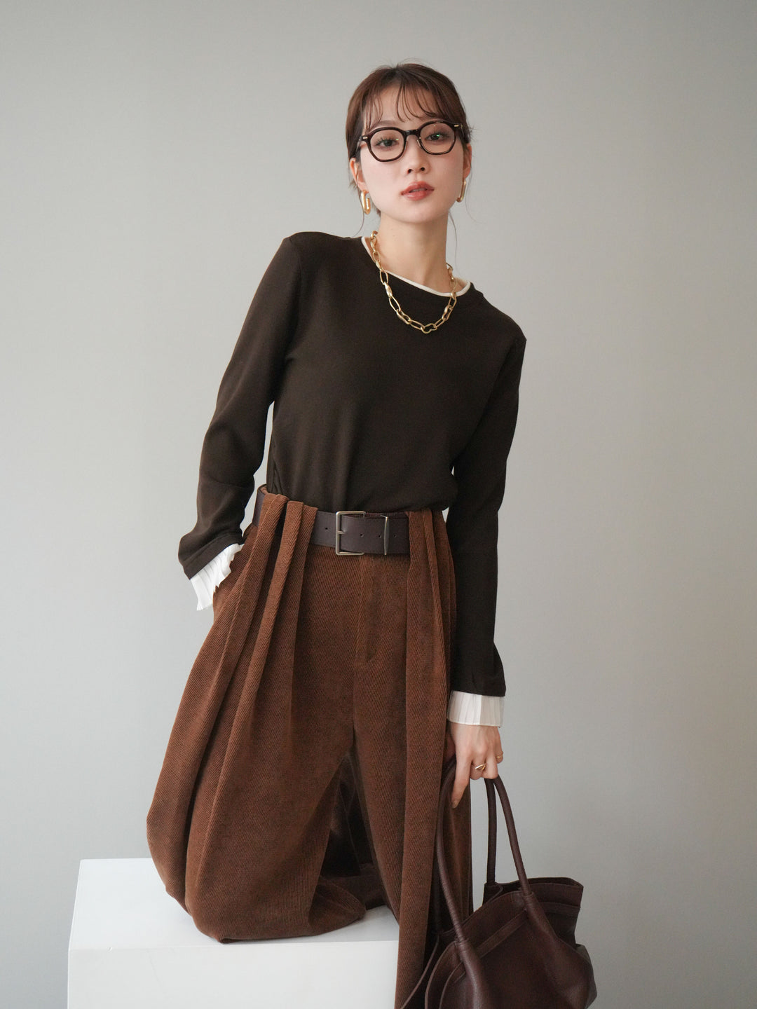 [予約]袖プリーツ配色レイヤードトップス/brown