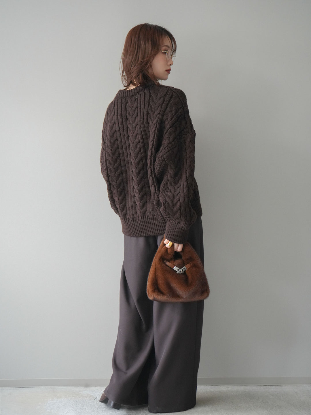 [SET]ボリュームケーブルニットプルオーバー+ベルトループデザインワイドパンツ(2set)