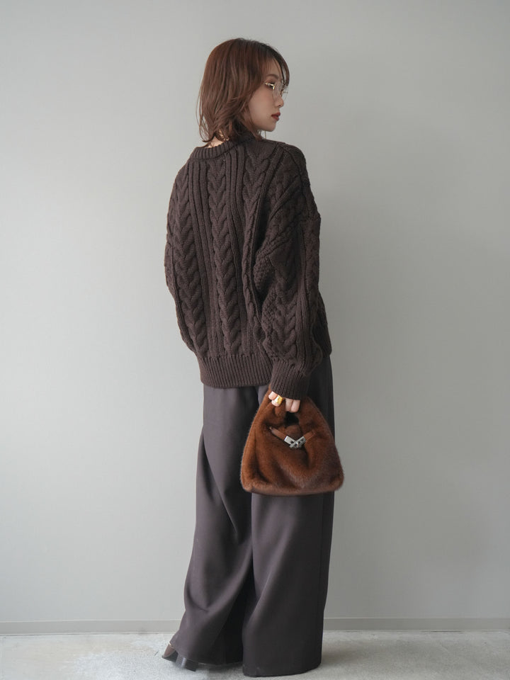 [SET]ボリュームケーブルニットプルオーバー+ベルトループデザインワイドパンツ(2set)