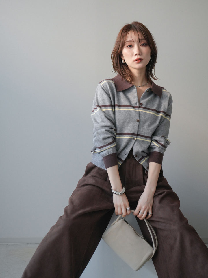 [予約]配色マルチボーダーポロニットカーディガン/gray