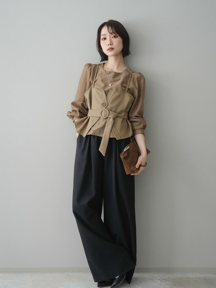[SET]異素材ビスチェドッキングブラウス+ベルト付キーホルダーモチーフワイドパンツ(2set)