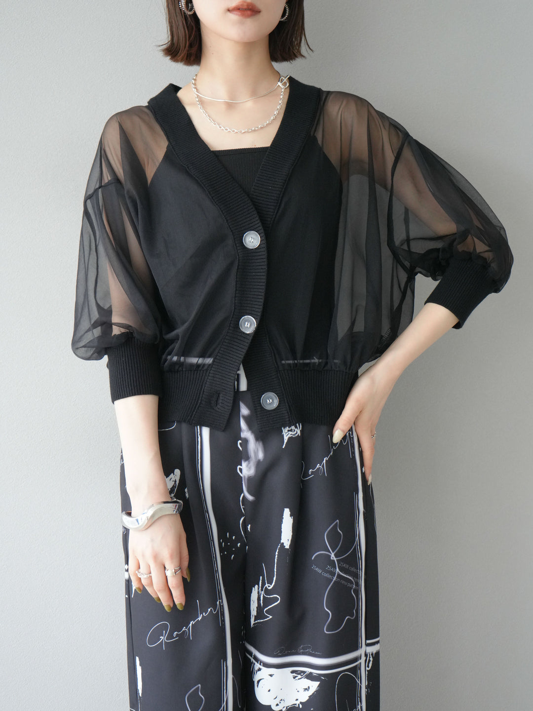 [SET] 透視半袖褶皺開襟衫 + 彩繪圖案褶襉褲 (2set)