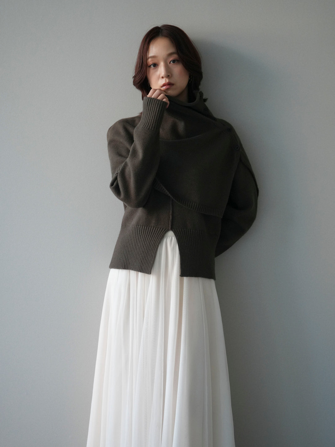 [予約]フロントスリットネックアンサンブルニット/khaki