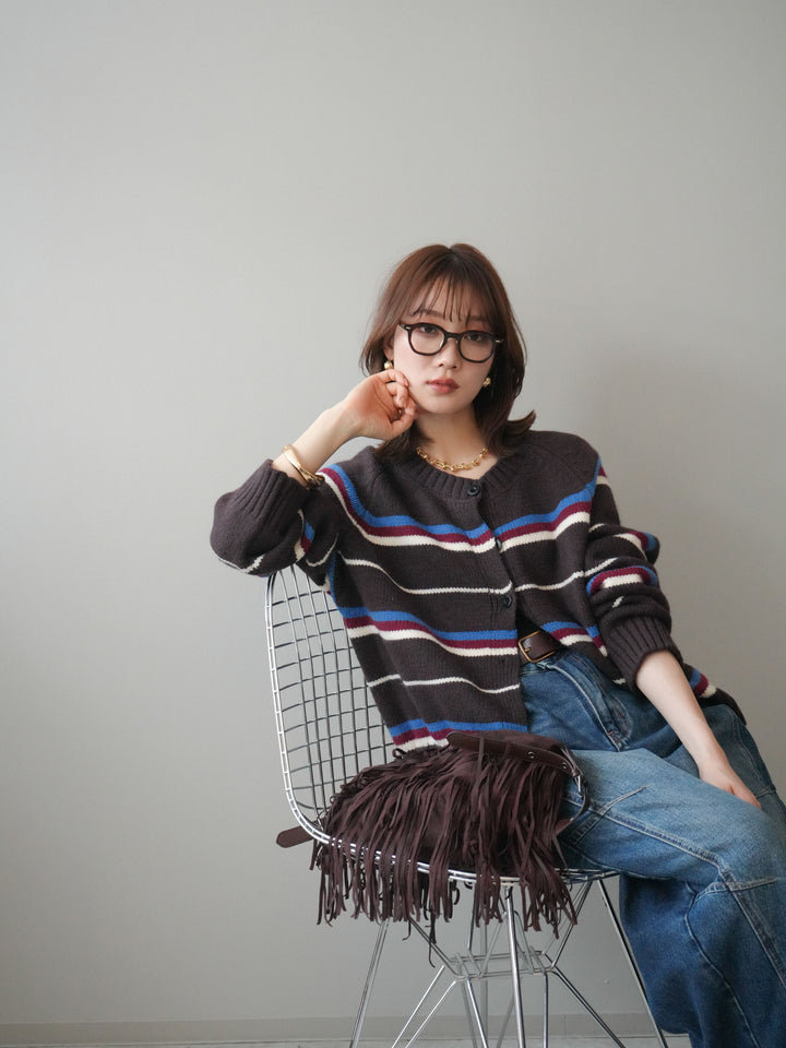 [予約]ランダムボーダーニットカーディガン/brown