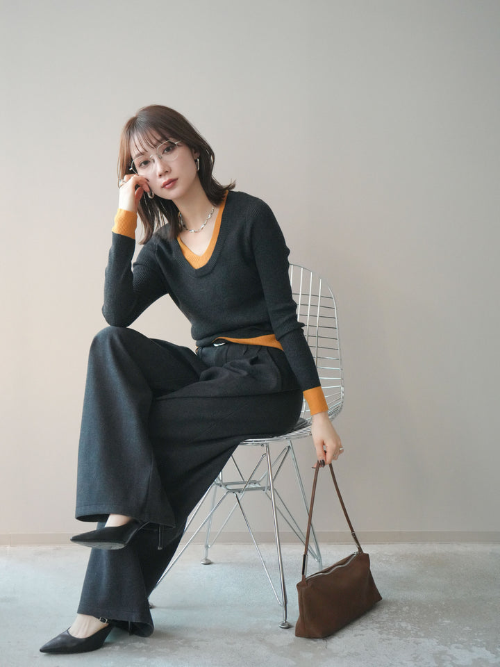 [予約]Uネック配色レイヤードリブニットトップス/charcoal