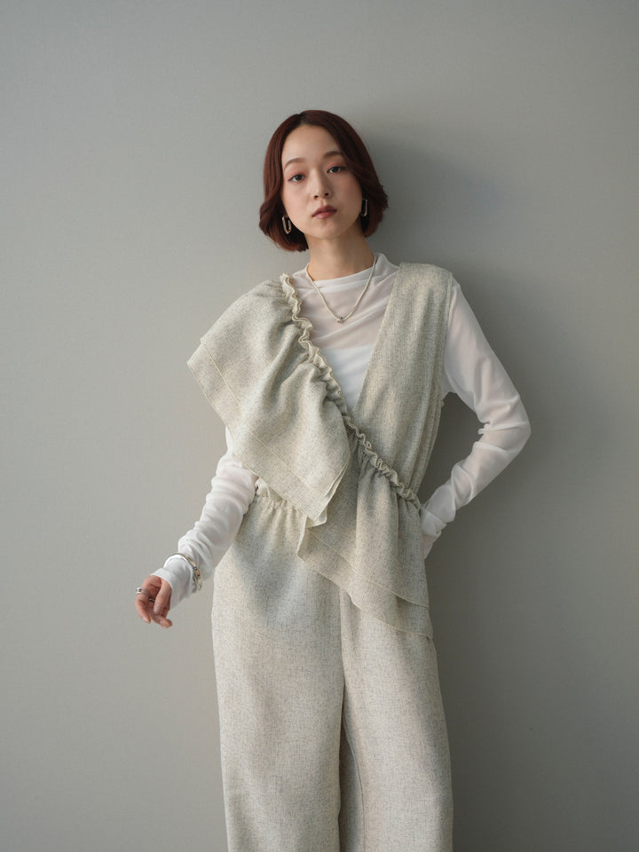 [SET]3WAYミックスツイードギャザーオールインワン+シアープチネックストレッチトップス(2set)