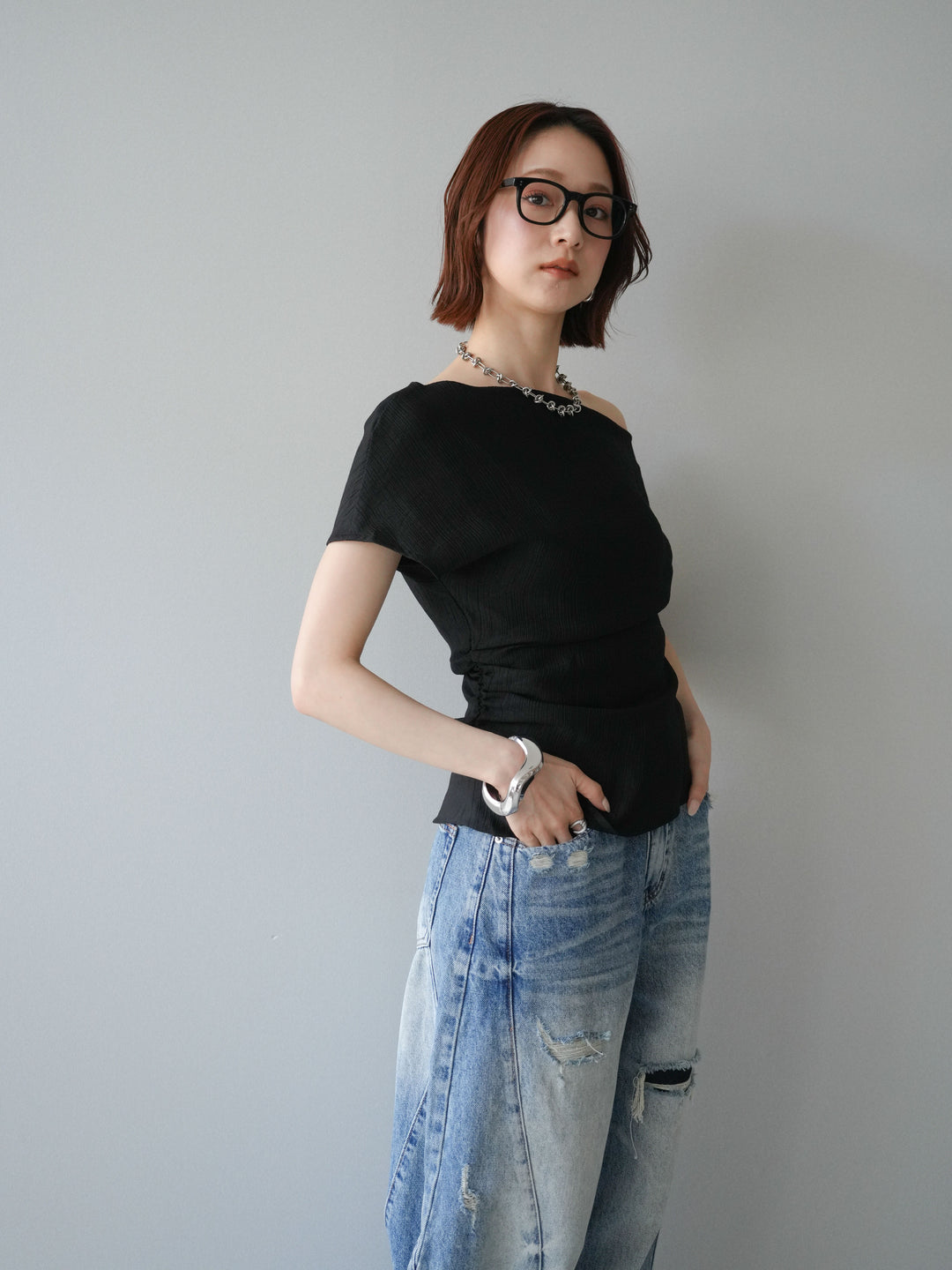 [予約]クレープアシンメトリーギャザートップス/black