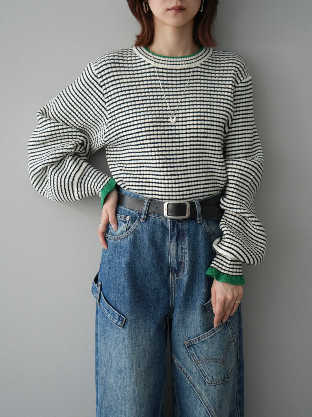 [SET]ラメ異素材ボーダーリブニットプルオーバー+ペインターカーブデニムパンツ(2set)