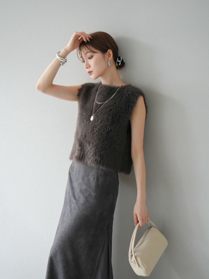 [予約]ミンクライク前後2WAYショートジレ/ブラウン