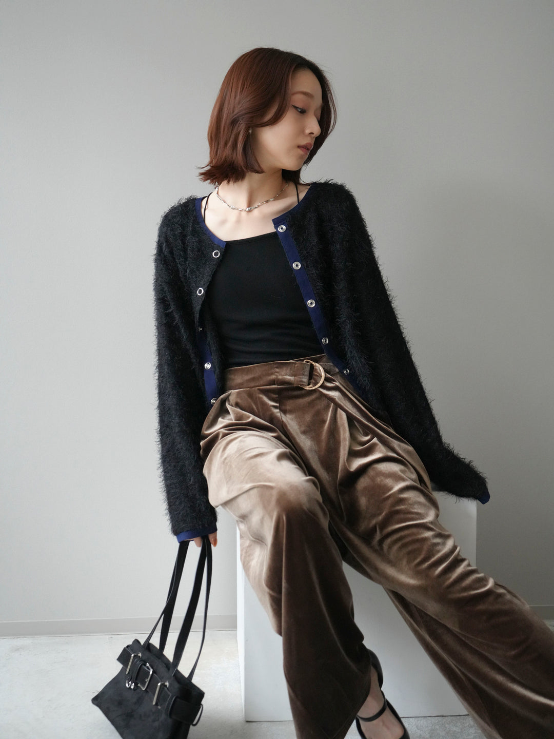 [予約]バイカラー2WAYシャギーニットカーディガン/black