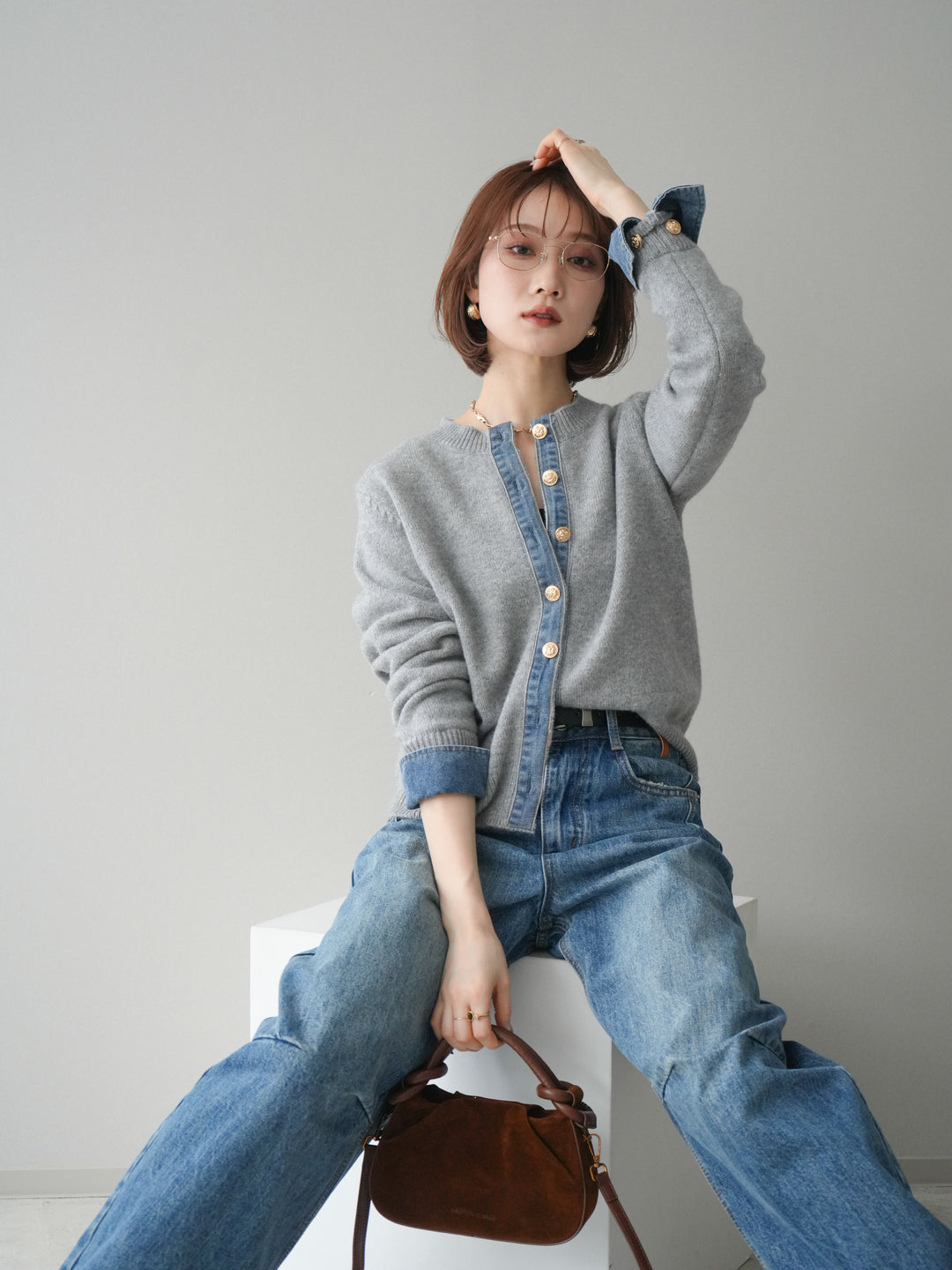 [SET]クルーネックデニムドッキングニットカーディガン+選べるアクセセット(2set)