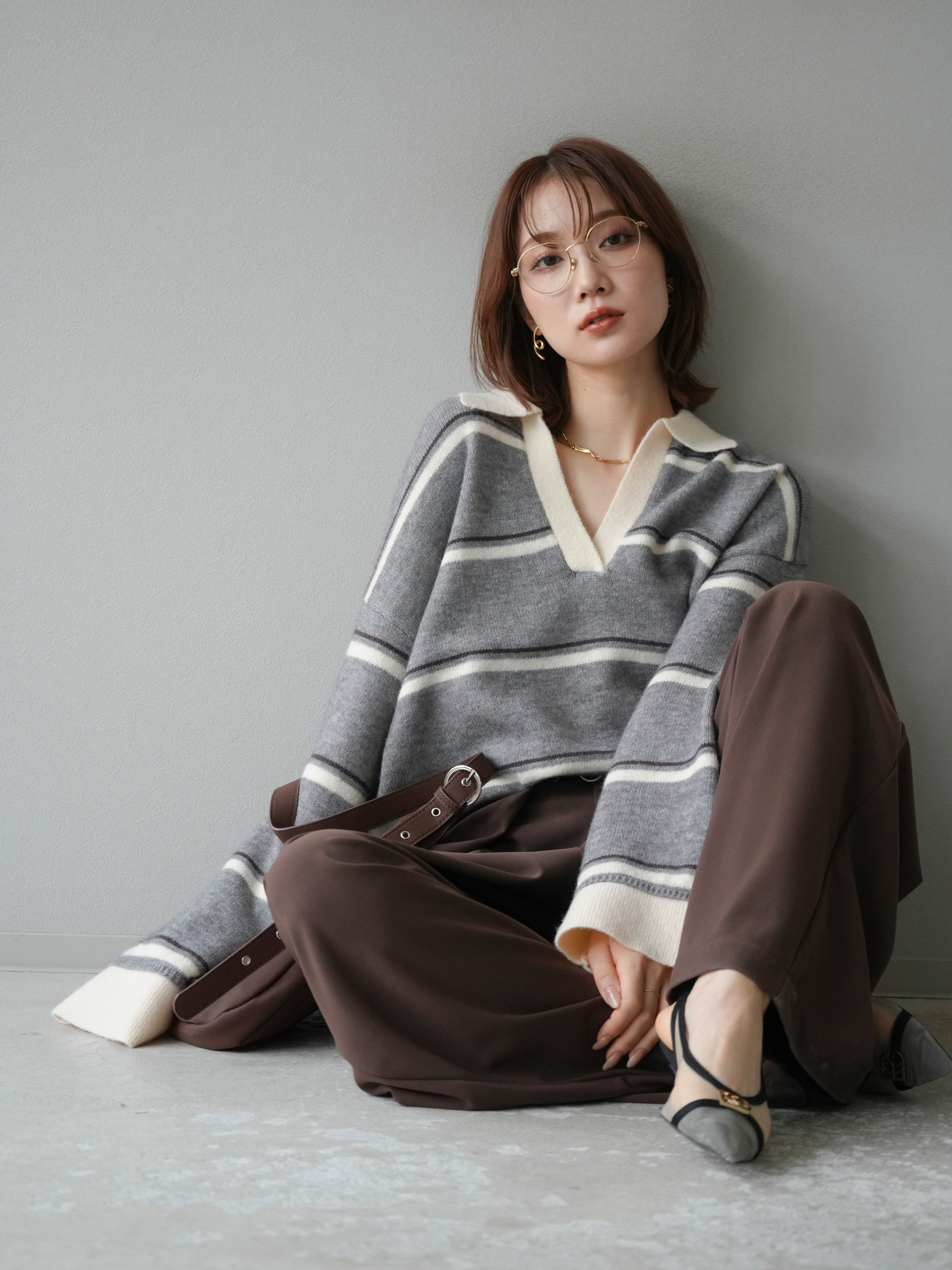 予約]ポロ襟スキッパーボーダーニットプルオーバー/グレー – Lumier