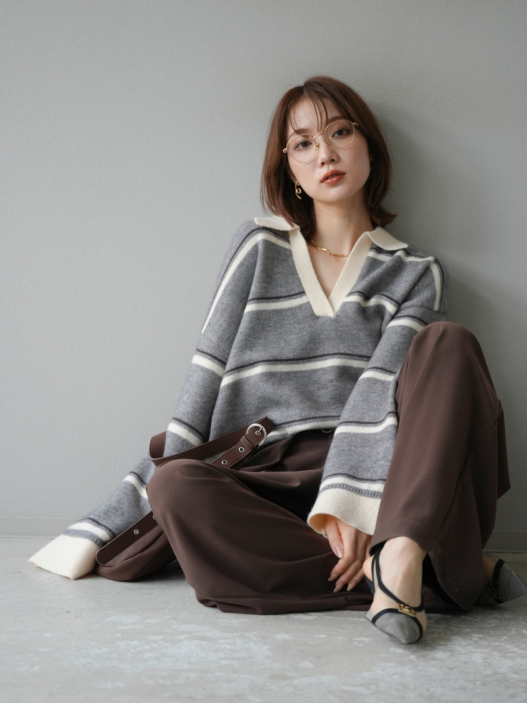 [予約]ポロ襟スキッパーボーダーニットプルオーバー/グレー