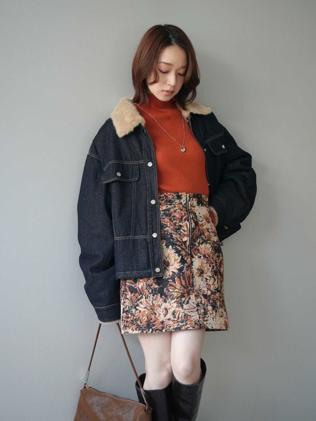 [予約]デニム×ファーステンカラーショートジャケット/indigo